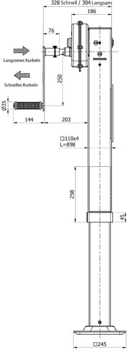 Technische Zeichnung: Teleskop-Stützfuß Stützlast 10 t, Höhe 985 – 1.455 mm, Hub 470 mm, mit Getriebkurbel
