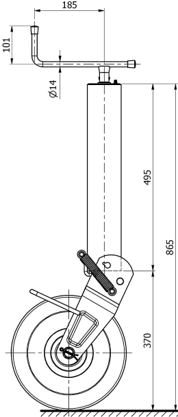 Technische Zeichnung: Stützrad Stützlast 1.500 kg, Rohr 90 mm, leicht, halbautomatisch, Blockierungsfeder
