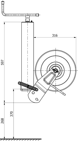 Technische Zeichnung: Stützrad Stützlast 1.500 kg, Rohr 90 mm, leicht, halbautomatisch, Blockierungsfeder