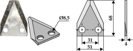 Technische Zeichnung: Industriehof® Fräsmesserklinge 68 x 51 x 4 mm gerade, für Futtermischwagen Frasto, Storti, Walker