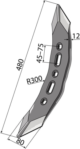 Technische Zeichnung: Industriehof® Scharspitze 480 x 80 x 12 mm, für Huard/Kuhn