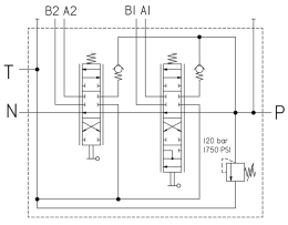 Technische Zeichnung: Einhebelsteuerventil dw/dw, 100 l/min, Einhebelsteuerung mit 2 Seilzügen 2.000mm