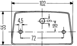 Technische Zeichnung: Hella® Kennzeichenleuchte hinten links/rechts mit Maßangaben, 102 x 55 mm