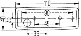 Technische Zeichnung: Hella® Seitenmarkierungsleuchte quadratisch, links/rechts, 110 x 40 x 25 mm, Anbau, waagerecht