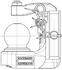 Technische Zeichnung: Rockinger Kugeleinsatz mit Fahrstuhllager, Kugel 80 mm, Draufsicht mit Bemaßungslinien