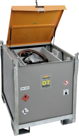 Produktbild: Mobile Cemo Dieseltankanlage DT-Mobil Pro mit geöffnetem Deckel und Zapfschlauch