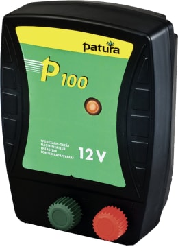 Produktbild: Patura Weidezaungerät P 100, 12 V, schwarzes Gehäuse mit grün-gelbem Frontdesign