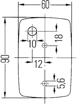 Technische Zeichnung: Hella® Blinkleuchte quadratisch, vorn links/rechts, 60 x 90 x 55 mm, Befestigung Anbau, seitlich