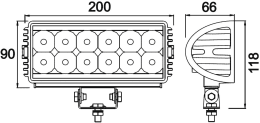 Technische Zeichnung: LED-Arbeitsscheinwerfer 2.700 lm/36 W, 12 – 28 V, 200 x 118 x 66 mm, weite Ausleuchtung