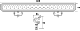 Technische Zeichnung: LED-Arbeitsscheinwerfer 4.050 lm/54 W, 12 – 28 V, 536 x 86 x 55 mm, weite Ausleuchtung