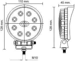 Technische Zeichnung: LED-Arbeitsscheinwerfer 1.600 lm/24 W, 10 – 30 V, 110 x 128 x 45 mm, nahe Ausleuchtung