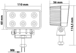 Technische Zeichnung: LED-Arbeitsscheinwerfer 1.100 lm/18 W, 10 – 30 V, 110 x 114,5 x 56 mm, nahe Ausleuchtung