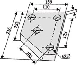 Technische Zeichnung: Industriehof® Siloschneidmesser rechts, 216 x 159 x 7 mm, für Bressel & Lade, 70-504