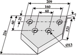 Technische Zeichnung: Industriehof® Siloschneidmesser mittig, 216 x 209 x 7 mm, für Bressel & Lade