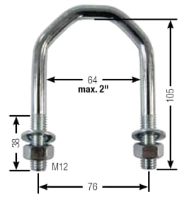 Technische Zeichnung: Suevia Halter für Tränkebecken, U-förmig mit Gewinde M12, Bohrungsabstand 76 mm