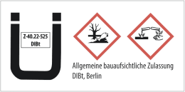 Detailbild: Auffangwanne aus PE mit DIBt-Zulassung und GHS-Gefahrenpiktogrammen für umweltgefährdende Stoffe