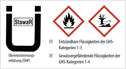 Detailbild: Feuerverzinkte Auffangwanne mit Gitterrost für Fässer, Übereinstimmungserklärung und GHS-Piktogramme
