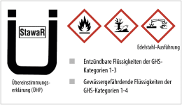 Detailbild: Auffangwanne mit Übereinstimmungserklärung und GHS-Piktogrammen für entzündbare Flüssigkeiten