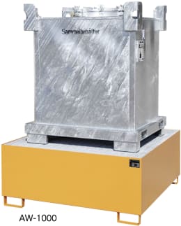 Produktbild: Auffangwanne für 1000 l-IBC mit Gitterrost, feuerverzinkter Sammelbehälter auf gelber Auffangwanne