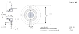 Technische Zeichnung: SKF Stahlblechgehäuse rund, 4-Loch, für Y-Lager
