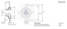 Technische Zeichnung: SKF Stahlblechgehäuse rund, 4-Loch, für Y-Lager