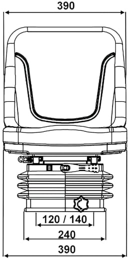 Technische Zeichnung: Traktorsitz Compact Star MCS 2, mechanische Scherenfederung, PVC-Kunstleder, schwarz