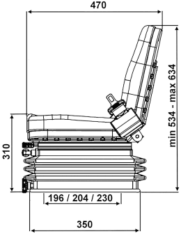 Technische Zeichnung: Traktorsitz Compact Star MCS 2, mechanische Scherenfederung, PVC-Kunstleder, schwarz