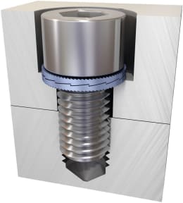 Produktbild: Nord-Lock® Keilsicherungsscheibe auf Schraube montiert, Schnittdarstellung der Funktionsweise