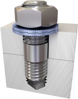 Produktbild: Nord-Lock® Keilsicherungsscheibe zwischen Schraube und Mutter in Schnittdarstellung