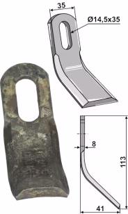 Technische Zeichnung: Industriehof® Y-Messer 113 x 35 x 8 mm, Bohrung 35 x 14,5 mm, für Mulcher Bomford