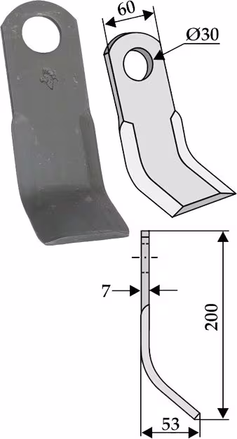 Technische Zeichnung: Industriehof® Y-Messer 200 x 60 x 7 mm, Bohrung 30 mm, für Mulcher Agromet