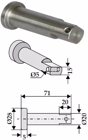 Technische Zeichnung: Industriehof® Bolzen Ø 20 x 71 mm, Bohrung 5 mm für Gyro