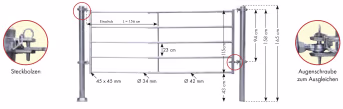 Technische Zeichnung: Patura Abtrennung für Kälber, 290 – 400 cm, leicht, 5 Horizontalstreben