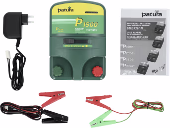 Set: Patura Weidezaungerät P 1500 12 V/230 V mit Netzteil, Anschlusskabeln und Bedienungsanleitung