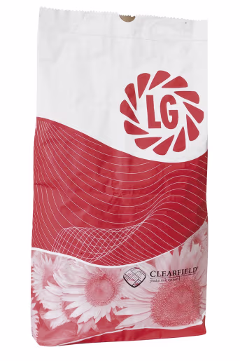 Produktbild: Sonnenblumen-Saatgut in weißer Verpackung mit rotem LG-Logo und Sonnenblumen-Motiv