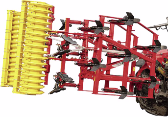 Produktbild: Pöttinger Grubber SYNKRO mit rotem Rahmen, Grubberscharen und gelber Packer-Walze