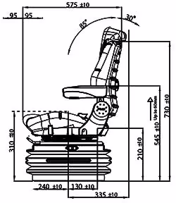 Technische Zeichnung: BLACK STAR Traktorsitz BS 1232 A TT luftgefedert, Drehadapter 30° links/rechts, Stoff Black Matrix