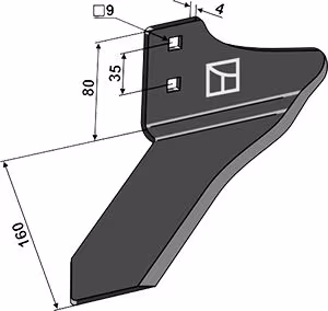 Technische Zeichnung: Industriehof® Winkelmesser rechts 160 mm, für Hackgerät Einböck Chopstar, Rollstar, Stiel 35 x 11 mm