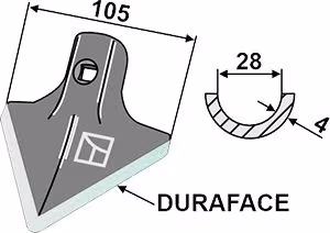 Technische Zeichnung: Industriehof® Hackschar universal, Arbeitsbreite 105 mm, Arbeitswinkel 35 °, Duraface-Beschichtung