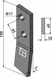Technische Zeichnung: Industriehof® Schraubenzinken, 188 x 45 x 10 mm, für Streuwalze Bergmann Stalldungstreuer, 69-10-007L