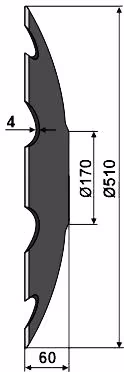 Technische Zeichnung: NIAUX 200 Eggenscheibe 510 x 4 mm, LK 80/110 mm, gewölbt, gezahnt, flacher Ansatz, für Agrisem