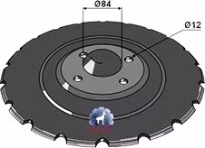 Technische Zeichnung: NIAUX 200 Säscheibe 410 x 5 mm, LK 104 mm, gerade, gezahnt, für Sämaschine Väderstad Rapid 300, 400