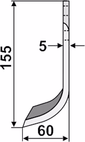 Technische Zeichnung: Industriehof® Fräsmesser links/rechts 155 x 60 x 5 mm, Bohrung 10,5 mm, für Agria