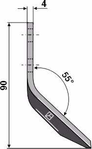 Technische Zeichnung: Industriehof® Fräsmesserklinge links 90 x 40 x 4 mm, gewinkelt, für Futtermischwagen Sgariboldi, 70-574