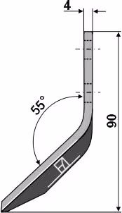 Technische Zeichnung: Industriehof® Fräsmesserklinge rechts 90 x 40 x 4 mm, gewinkelt, für Futtermischwagen Sgariboldi