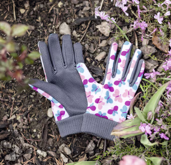 Produktbild: Kinder-Gartenhandschuhe mit buntem Schmetterling-Motiv und grauer Noppen-Innenfläche