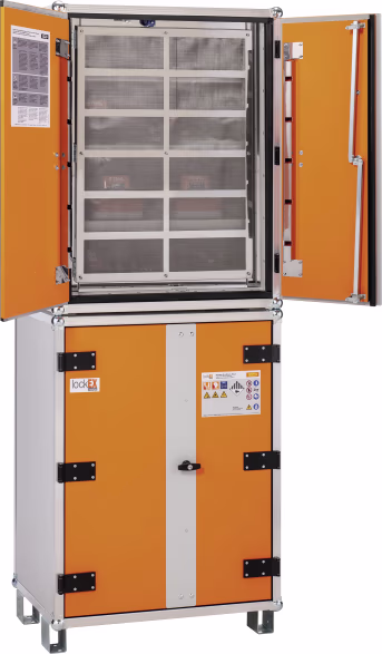 Produktbild: Cemo Akku-Lagerschrank 8/20 800 x 2.130 x 660 mm, 3 Rauchmelder, mit Füßen, für die Lagerung von Li-Ion-Akkus