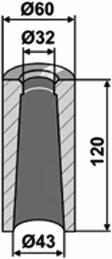 Technische Zeichnung: Industriehof® Einschweißbuchse 32, 43 x 60 x 120 mm, für Zinken mit Gewinde M 28