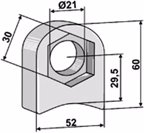 Technische Zeichnung: Industriehof® Halter 60 x 52 x 19 mm, Bohrung 21 mm, mit Sechkantansatz Desvoys Schlegelmesser