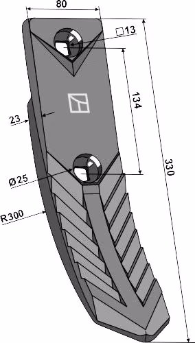 Technische Zeichnung: Industriehof® Scharspitze 330 x 80 x 23 mm, für Grubber Lemken Karat